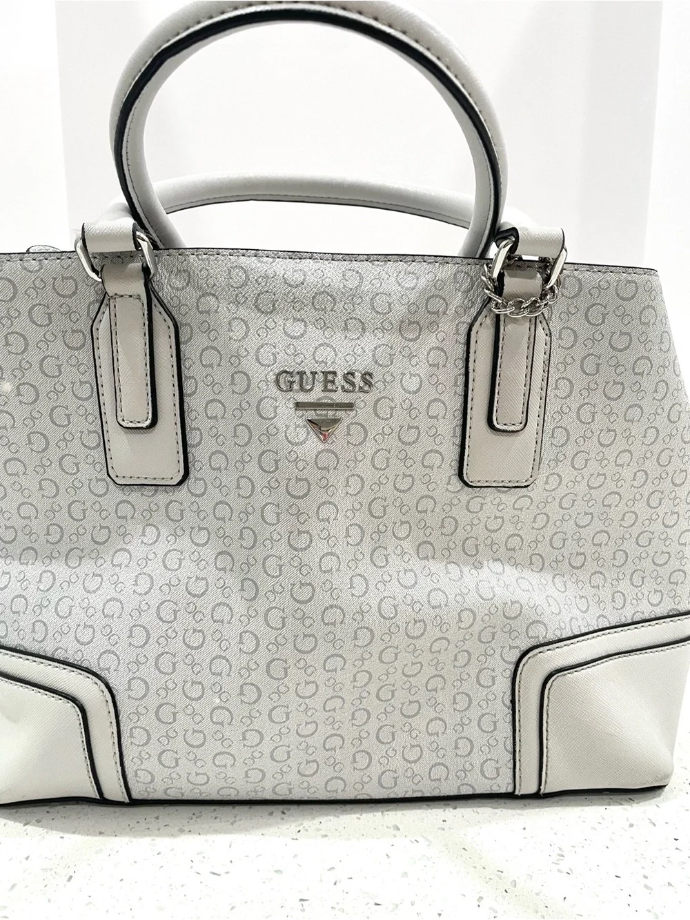 GUESS White Logo-Print Satchel with Silver Hardware